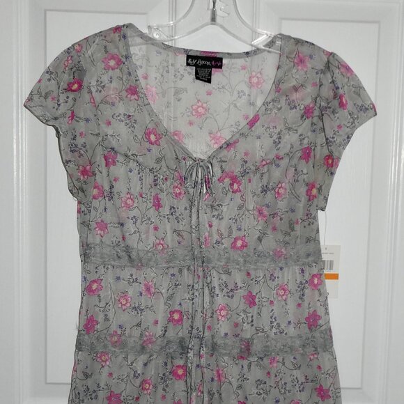 NEW SELF ESTEEM GRAY WITH PINK/YELLOW/PURPLE FLOWERS SS SHEER TOP LACE - JR S - Picture 1 of 2